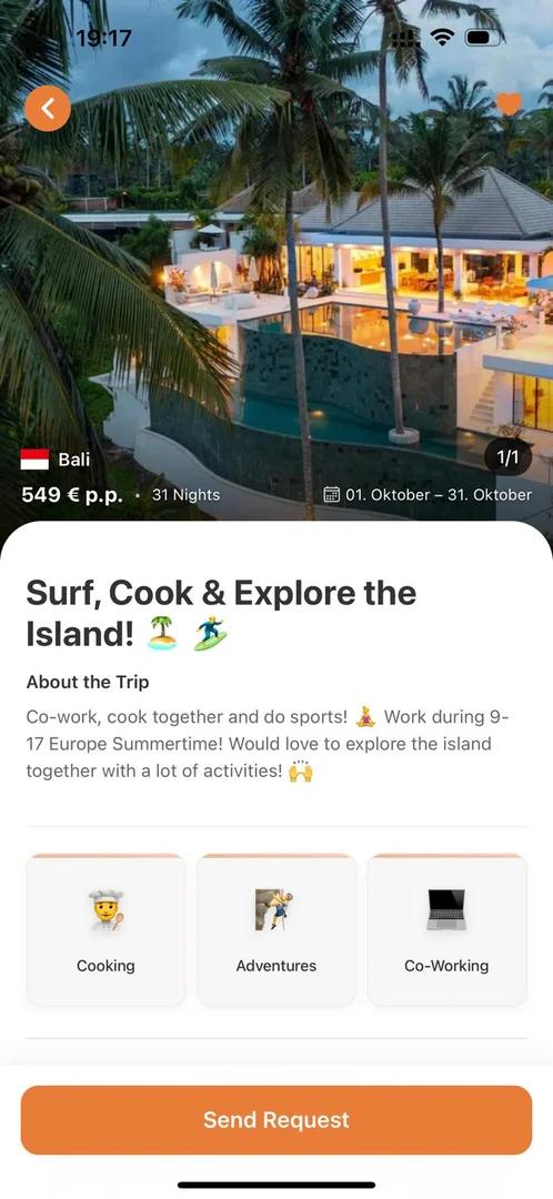 miigo trip planning screen with itinerary details shared costs group chat for travel companions and backpacking adventures